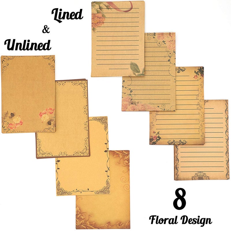CenterZ 128 Sheets 8 Style Vintage Stationary Paper, 5.7 x 8.3 inch A5 Size 100gsm Kraft Floral Printed Letter Writing Stationery Bulk Set for Personalized Letters, Creative Poems, Lyrics, Notes, etc. - Image 2